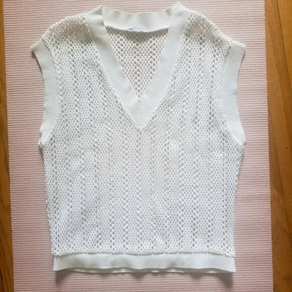 Zara White Mesh Knit Vest, M - Picture 2 of 6
